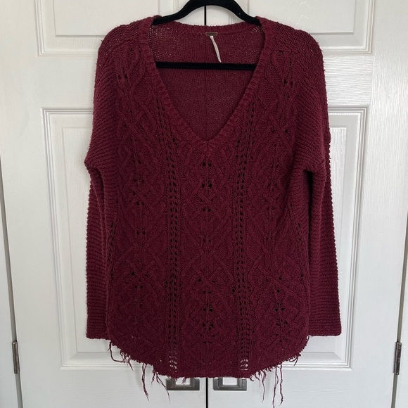 Free People Sweaters - Burgundy Red Free People Distressed Hem Scoop Neck Sweater Size S